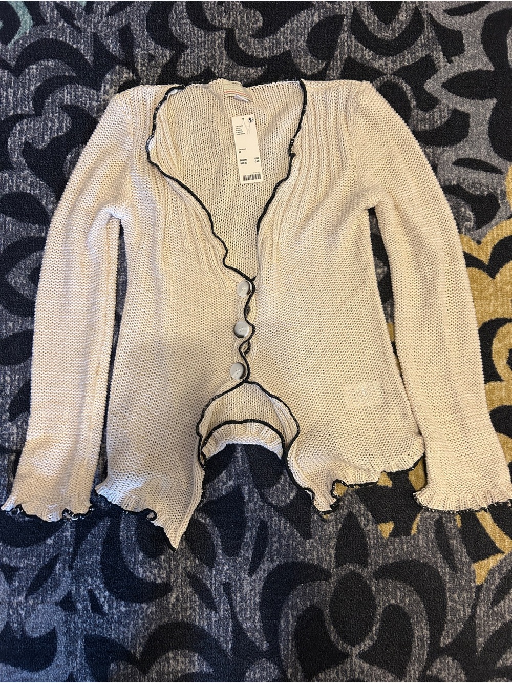 NWT Urban Outfitters Kimchi Blue Cream Ruffle-Edge Knit Cardigan with Black Trim